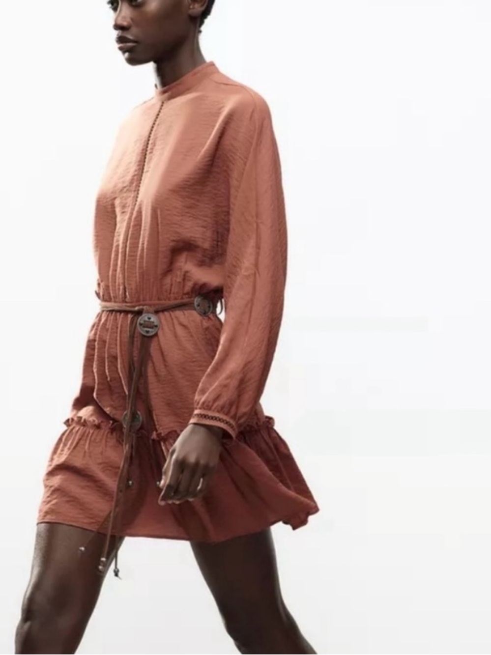 Zara Short Openwork Dress Light Brown Size M NWT Boho Belt